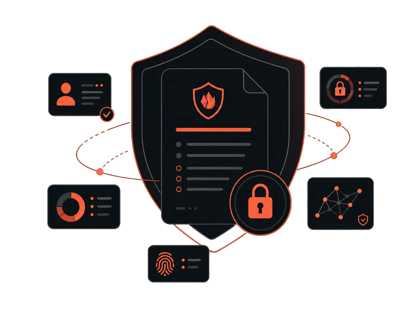 Illustration of a privacy policy document with security and identity icons.
