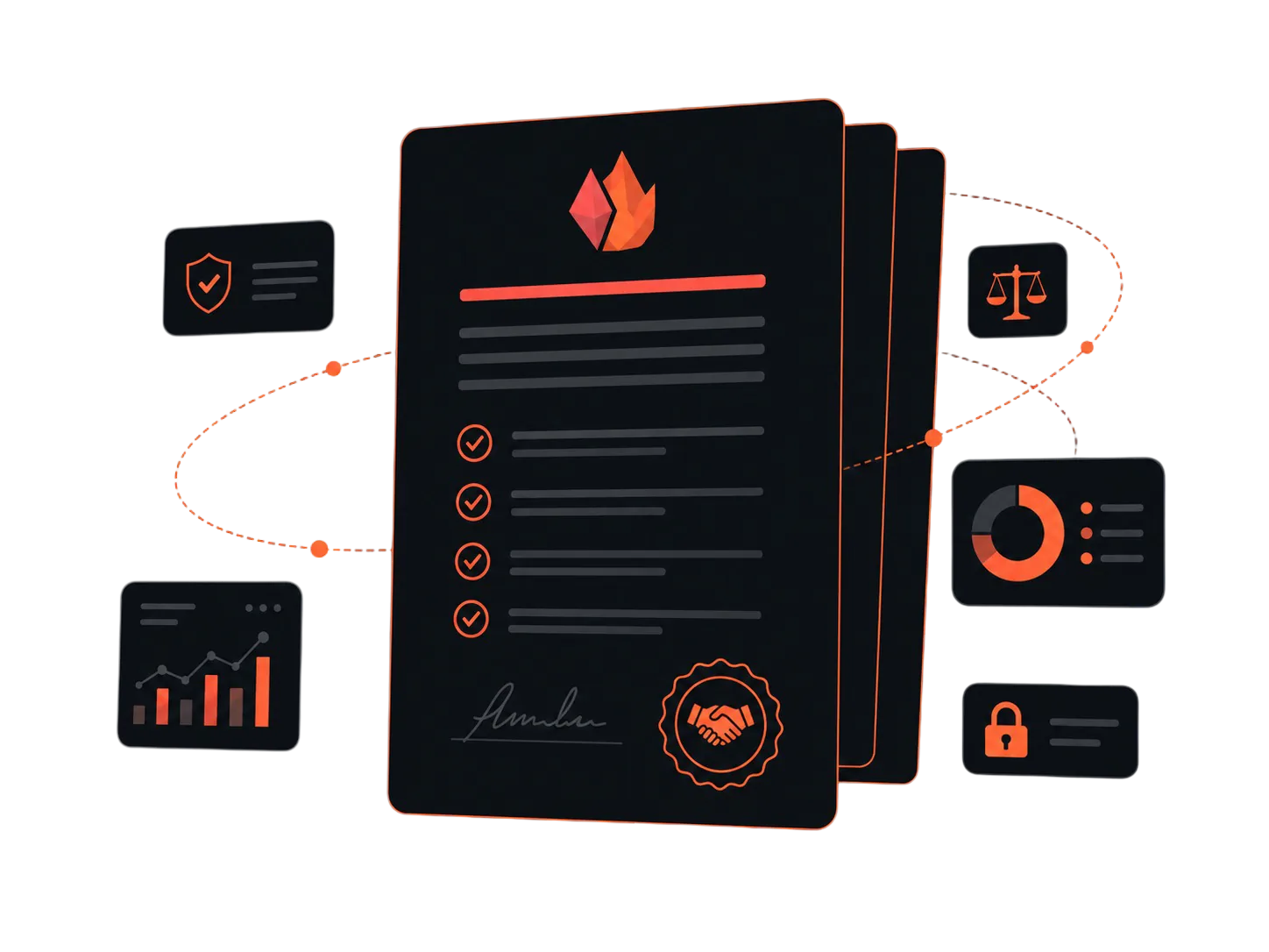 Illustration of a signed terms of service document with legal and compliance icons.