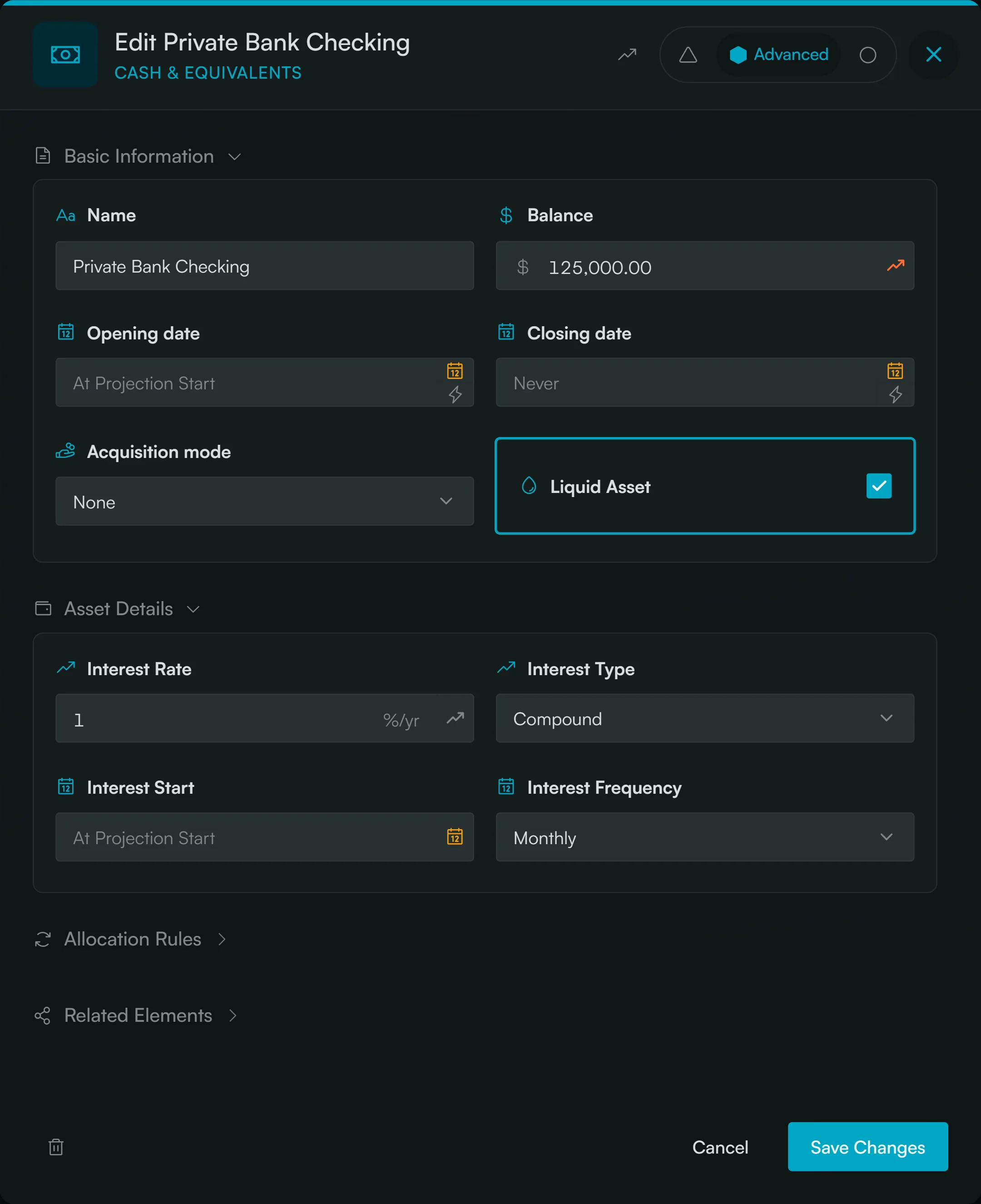 Fignis financial element editor modal with amount, timing, category, and advanced projection settings