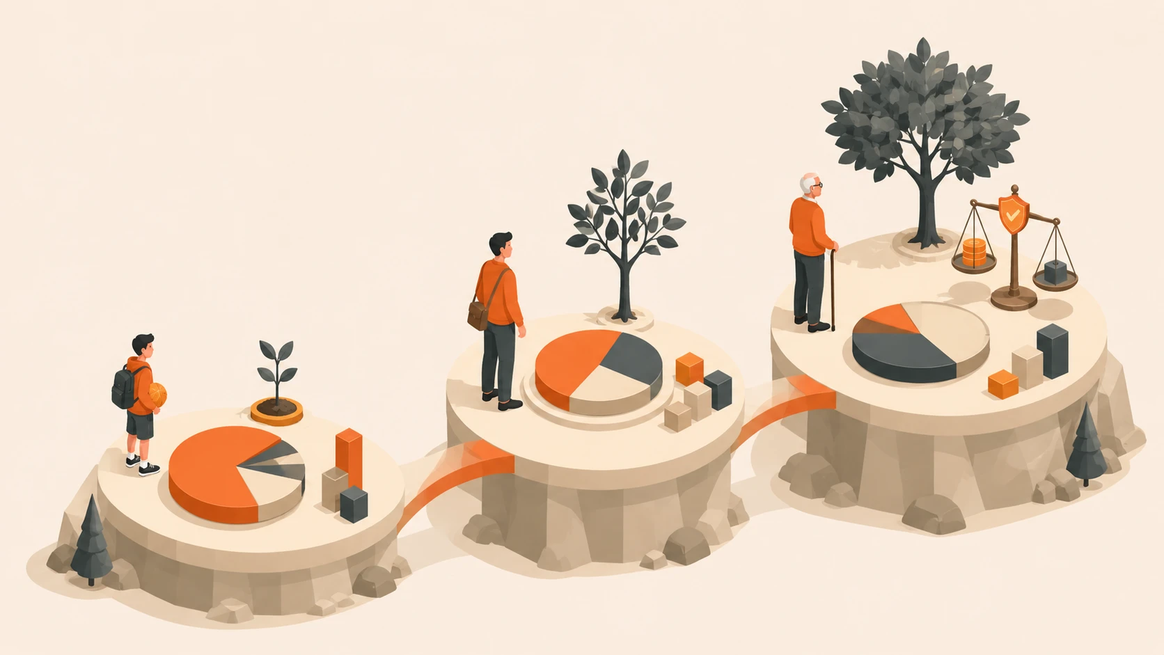 Portfolio Allocation Across Life Stages article illustration: The best portfolio isn't the one with the highest returns — it's the one you won't panic-sell during a crash. Here's how to set your allocation by decade and why where you hold things matters as much as what you hold.