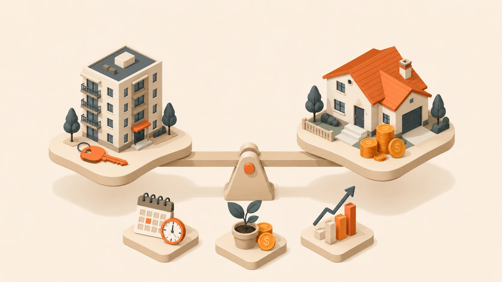 Rent vs. Buy: A Decision Framework That Does Not Lie to You article illustration: Rent is not wasted money. Buying is not automatic wealth. The better choice depends on your timeline, local prices, cash drag, maintenance, taxes, and the cost of moving.
