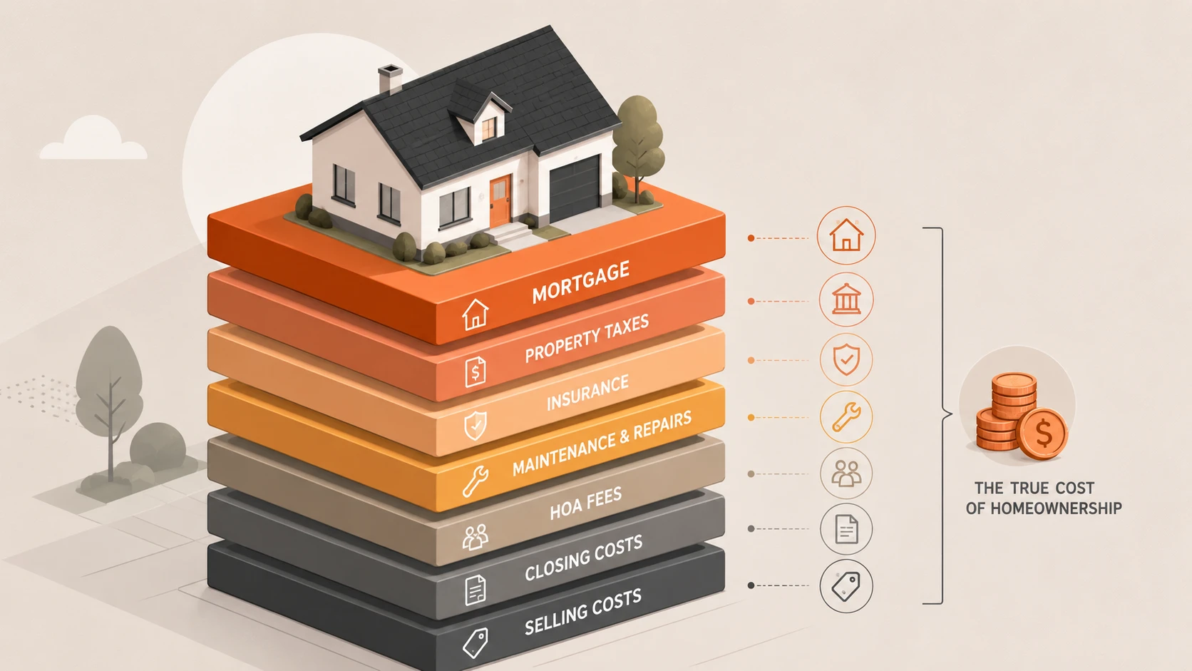 A clean stacked cost illustration comparing rent with the full cost of ownership, including mortgage, taxes, insurance, repairs, HOA fees, closing costs, and selling costs