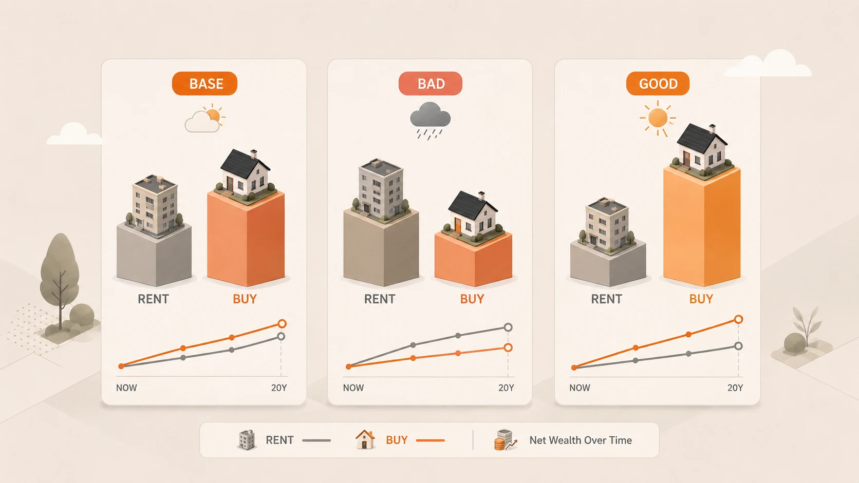 Three simple scenario cards comparing buying versus renting under base, bad, and good assumptions