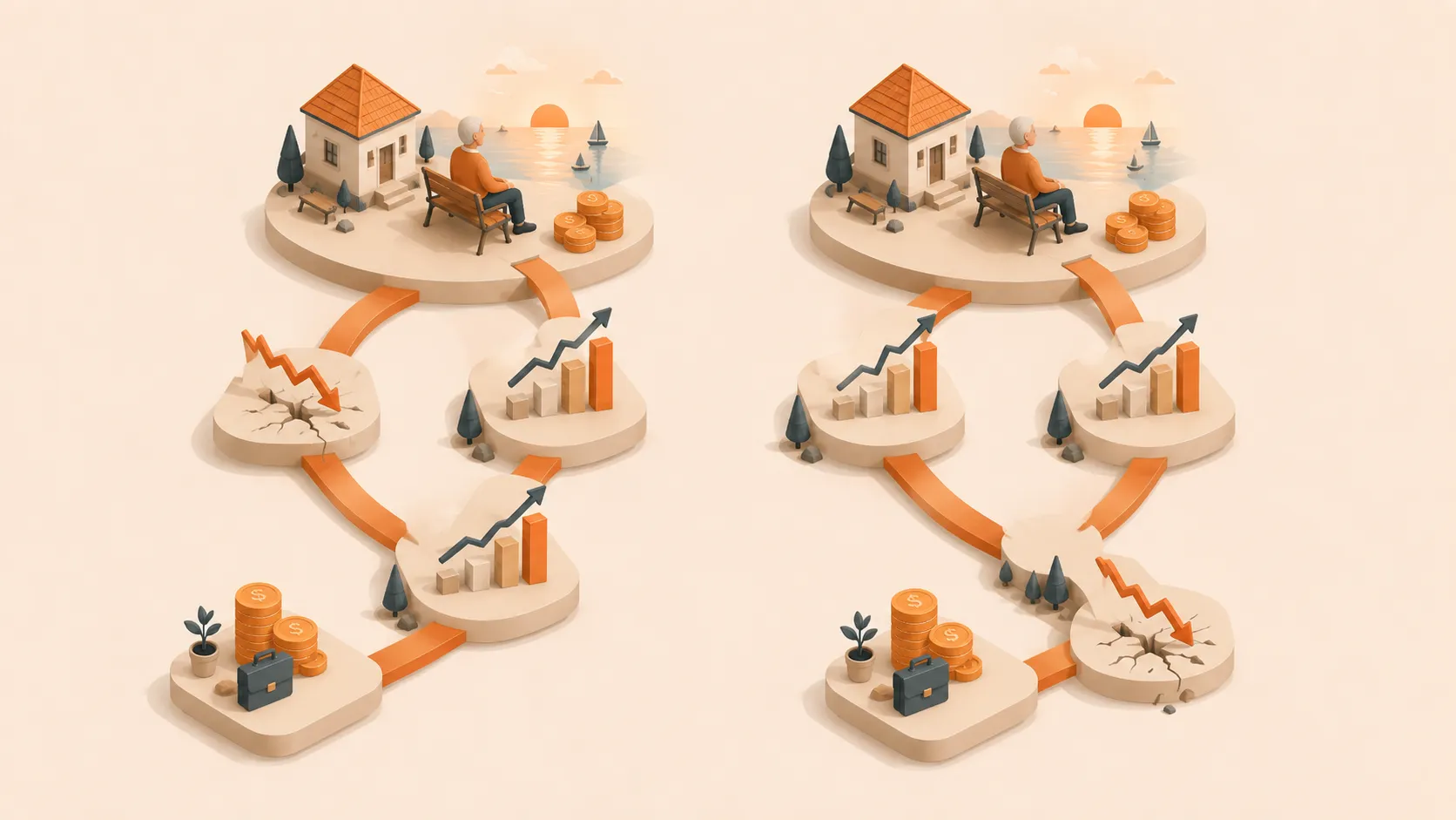Prendre sa retraite pendant un krach : le calendrier compte-t-il vraiment ? article illustration: Deux retraités peuvent commencer avec le même patrimoine et obtenir les mêmes rendements à long terme, mais finir différemment parce que les retraits rendent l’ordre des rendements important.