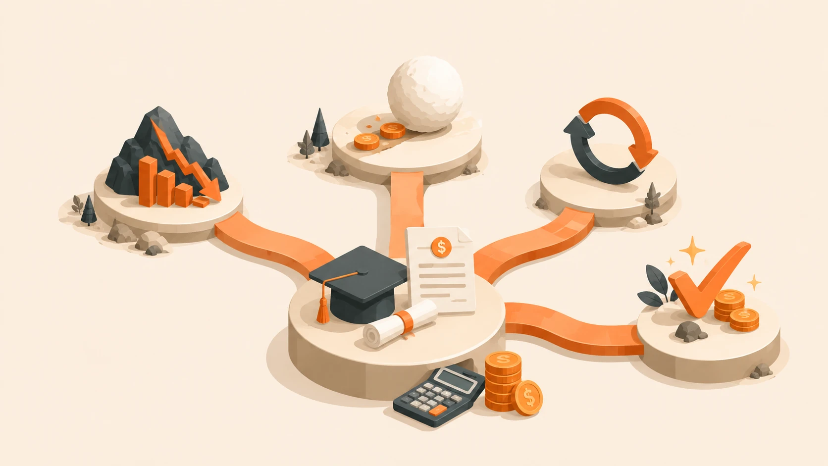 Student Loan Repayment Strategies article illustration: Avalanche, snowball, refinancing, forgiveness — each one wins in a different situation. Here's how to figure out which strategy saves you the most money and time based on your actual numbers.